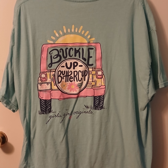 Girly Girl Originals Tops - Buckle Up Buttercup! Graphic Tee with Jeep Design - Light Blue